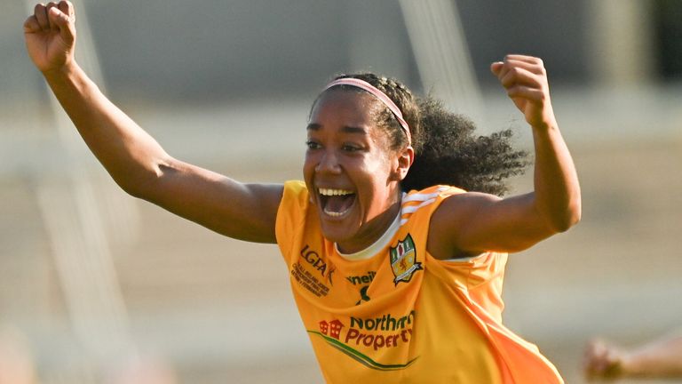 13 August 2022; Omolara Dahunsi of Antrim celebrates after the TG4 All-Ireland Ladies Junior Football Championship Final Replay between Antrim and Fermanagh at the Athletic Grounds, Armagh. Photo by Oliver McVeigh/Sportsfile 