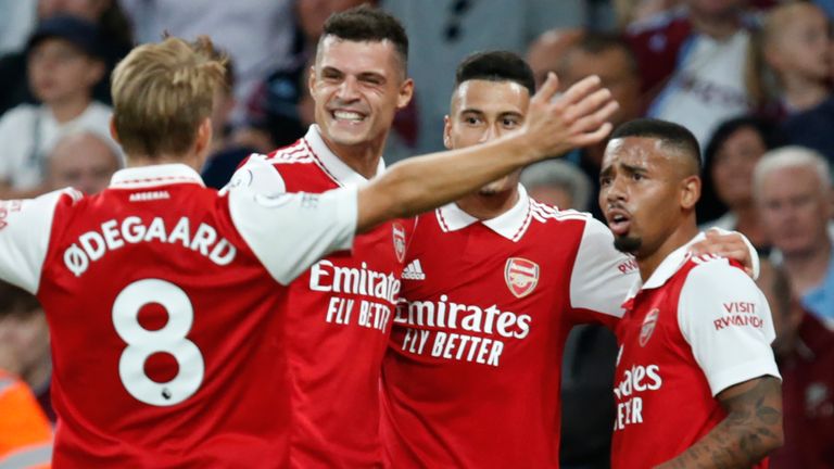 Arsenal players celebrate Gabriel Jesus' opening goal