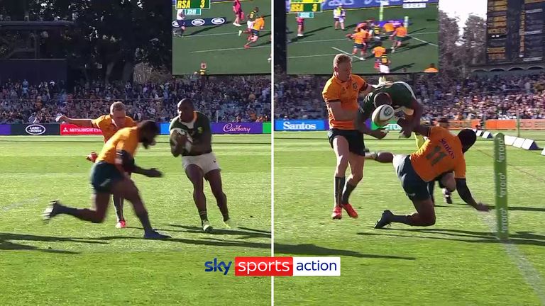 Springbok winger Makazole Mapimpi was sent flying inches short of the try-line by Marika Koroibete with an incredible saving tackle