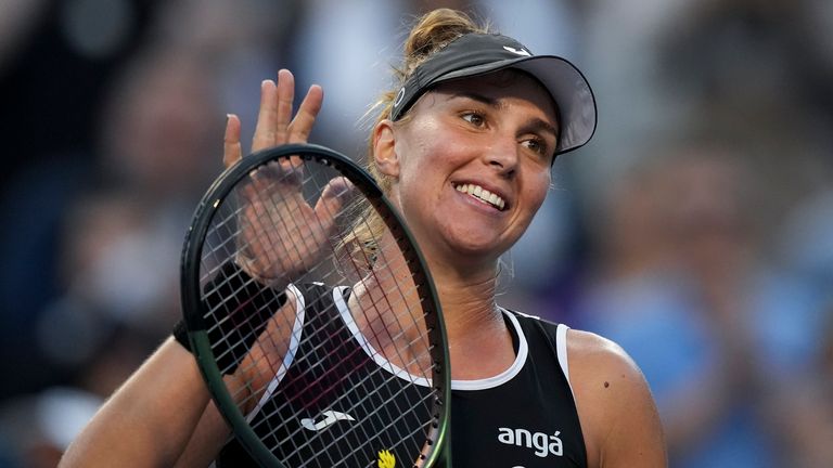 Brazil&#39;s Beatriz Haddad Maia reacts to the crowd after defeating Karolina Pliskova, of the Czech Republic, during the semifinals of the National Bank Open