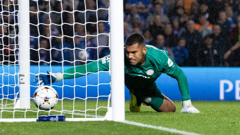 PSV goalkeeper Walter Benitez lets the ball slip over the line