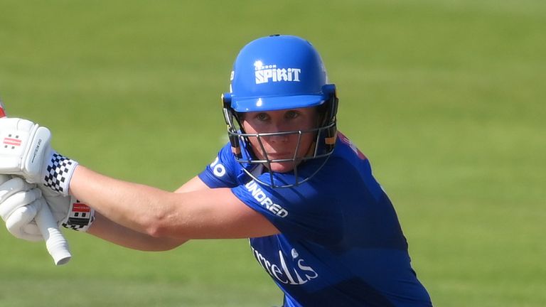 SOUTHAMPTON, ENGLAND - AUGUST 12: Beth Mooney of London Spirit Women hits runs during The Hundred match between Southern Brave Women and London Spirit Women at The Ageas Bowl on August 12, 2022 in Southampton, England. (Photo by Mike Hewitt/Getty Images)