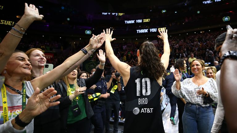 Sue Bird #10 of the Seattle Storm waves to the fans after the game against the Las Vegas Aces on August 7, 2022 at the Climate Pledge Arena in Seattle, Washington. 