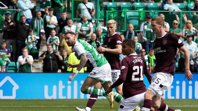 EDINBURGH, SCOTLAND - AUGUST 07: Martin Boyle scores to make it 1-1 during a cinch Premiership match between Hibernian and Heart of Midlothian at Easter Road, on August 07, 2022, in Edinburgh, Scotland.  (Photo by Alan Harvey / SNS Group)