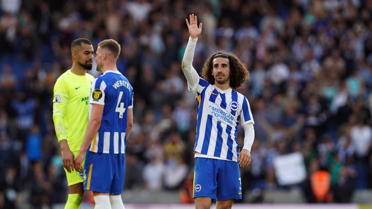Brighton and Hove Albion's Marc Cucurella waves to the fans after the Premier League match at the AMEX Stadium, Brighton.  Picture date: Saturday May 7, 2022.