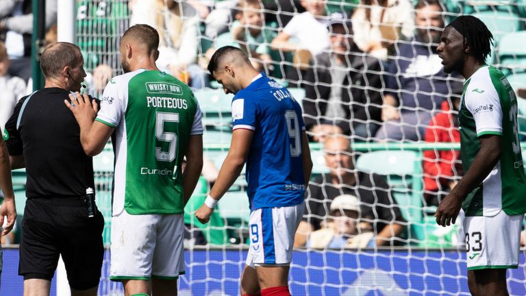 EDINBURGH, SCOTLAND - AUGUST 20: Rangers are awarded a penalty as Antonio Colak goes down from a pull back from Rocky Bushiri during a cinch Premiership match between Hibernian and Rangers at Easter Road, on August 20, 2022, in Edinburgh, Scotland. (Photo by Alan Harvey / SNS Group)