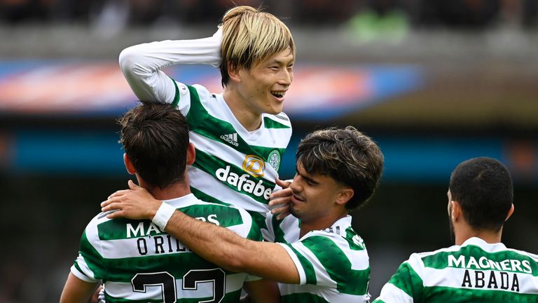 Kyogo Furuhashi celebrates his second goal against Dundee United