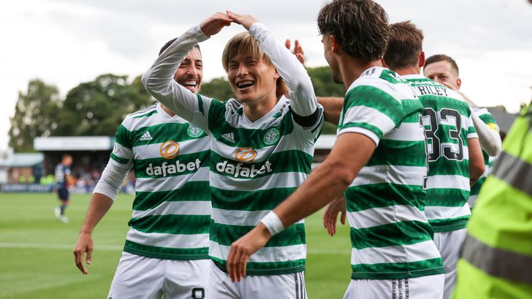 DINGWALL, SCOTLAND - AUGUST 06: Celtic's Kyogo Furuhashi celebrates making it 1-0 during a cinch Premiership match between Ross County and Celtic at the Global Energy Stadium, on August 06, 2022, in Dingwall, Scotland.  (Photo by Craig Williamson / SNS Group)