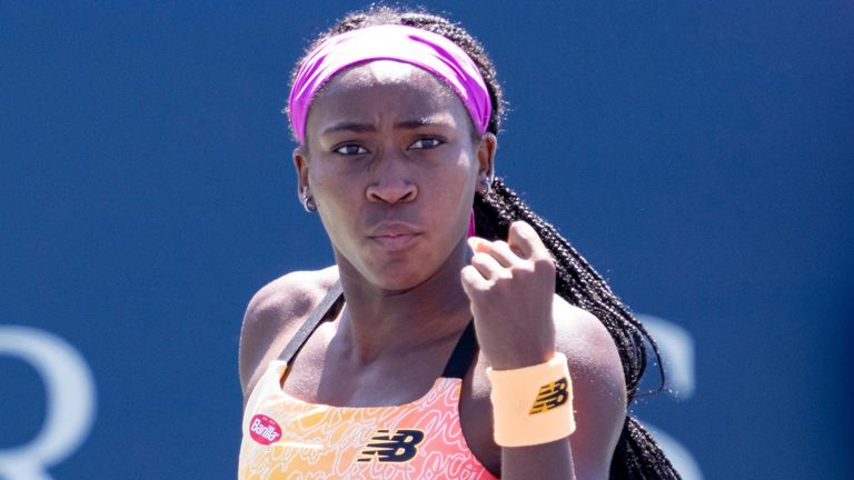 TORONTO, ON - AUGUST 11: Coco Gauff celebrates after winning a point during her National Bank Open tennis tournament third round match on August 11, 2022, at Sobeys Stadium in Toronto, ON, Canada. (Photo by Julian Avram/Icon Sportswire) (Icon Sportswire via AP Images)