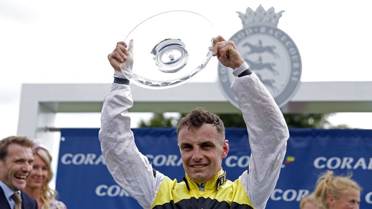 Beasley celebrates victory in the Stewards Cup on Commanche Falls