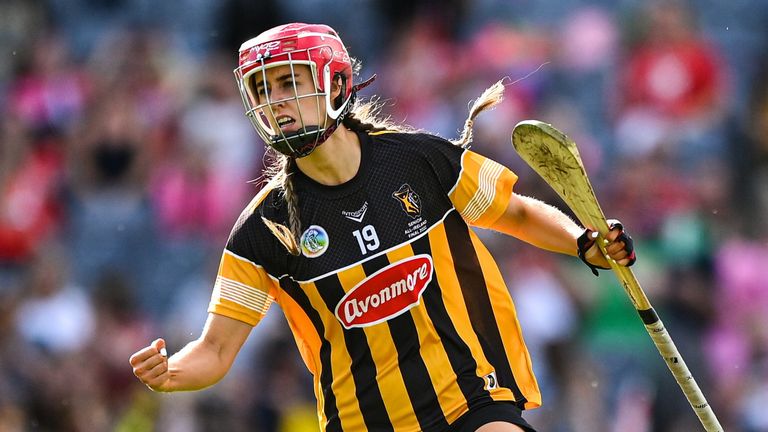 7 August 2022; Sophie Dwyer of Kilkenny celebrates after scoring her side's first goal during the Glen Dimplex All-Ireland Senior Camogie Championship Final match between Cork and Kilkenny at Croke Park in Dublin. Photo by Seb Daly/Sportsfile