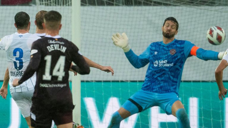 ST.  GALLEN, Switzerland - AUGUST 18: Adrian Guerrero of FC Zurich scores a 1-1 equalizer during the UEFA Europa League play-off match between FC Zurich and Heart of Midlothian at Kybunpark, on August 18, 2022, in St.  Gallen, Switzerland.  (Photo by Mark Scates / SNS Group)