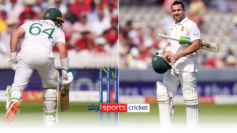 South Africa&#39;s Dean Elgar looks on as the ball deflects off his arm onto his own stumps to lose his wicket during day two of the first LV= Insurance Test match at Lord&#39;s, London.