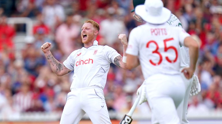 England&#39;s Ben Stokes celebrates after taking the wicket of South Africa&#39;s Rassie van der Dussen for LBW during day two of the first LV= Insurance Test match at Lord&#39;s, London. 