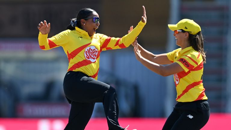 Alana King of Trent Rockets celebrates dismissing Kate Cross of Manchester Originals to complete her hat trick during The Hundred match between Manchester Originals Women and Trent Rockets Women at Emirates Old Trafford on August 13, 2022 in Manchester, England