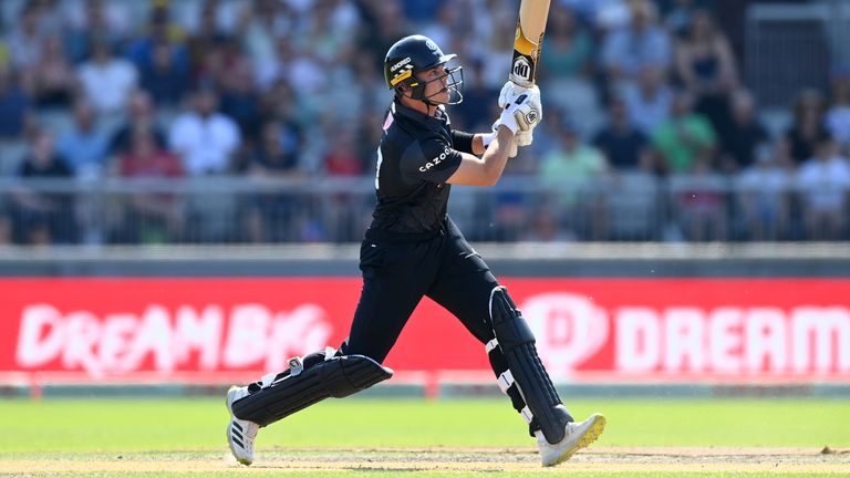 Tristan Stubbs of Manchester Originals hits out for six runs during The Hundred match between Manchester Originals Men and Trent Rockets Men at Emirates Old Trafford on August 13, 2022 in Manchester, England. 
