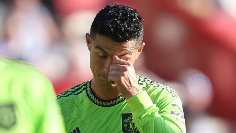 Cristiano Ronaldo reacts after Manchester United concede a goal against Brentford
