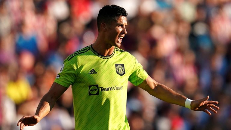 Cristiano Ronaldo shouts to his team-mates during Manchester United's match at Brentford
