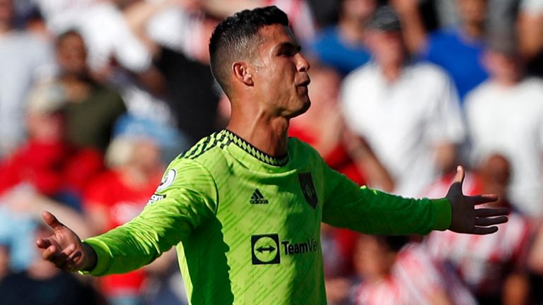 Cristiano Ronaldo appeals for a foul after Manchester United concede an opening goal against Brentford