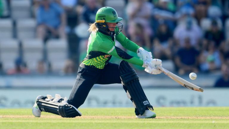 SOUTHAMPTON, ENGLAND - AUGUST 12: Danni Wyatt of Southern Brave Women plays a ramp shot during The Hundred match between Southern Brave Women and London Spirit Women at The Ageas Bowl on August 12, 2022 in Southampton, England. (Photo by Mike Hewitt/Getty Images)
