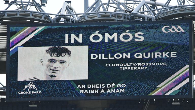 7 August 2022; A view of the big screen  during a minute...s silence in memory of the late Tipperary hurler Dillon Quirke, who passed away earler this week, before the Glen Dimplex All-Ireland Senior Camogie Championship Final match between Cork and Kilkenny at Croke Park in Dublin. Photo by Seb Daly/Sportsfile
