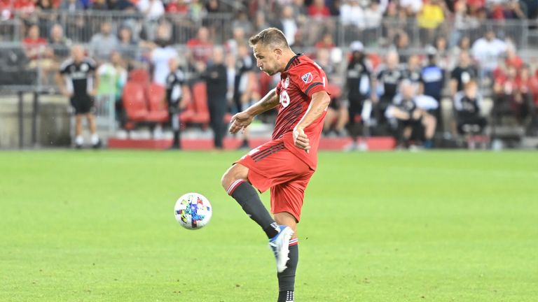 TORONTO, ON - AUGUST 17: Toronto FC defender Domenico Criscito (44) scores his first goal with Toronto FC levelling the match 2-2 in the second half during the MLS regular season game between the New England Revaluation and Toronto FC on August 17, 2022, at BMO Field in Toronto, ON, Canada. (Photo by Gavin Napier/Icon Sportswire) (Icon Sportswire via AP Images)