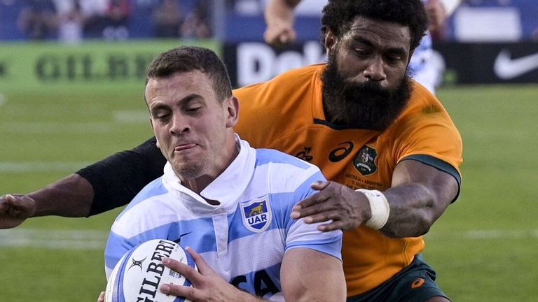 Emiliano Boffelli gets over for one of Argentina's seven tries in their record win over Australia