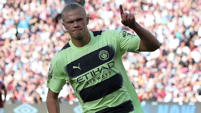 Erling Haaland celebrates scoring his second for Man City vs West Ham