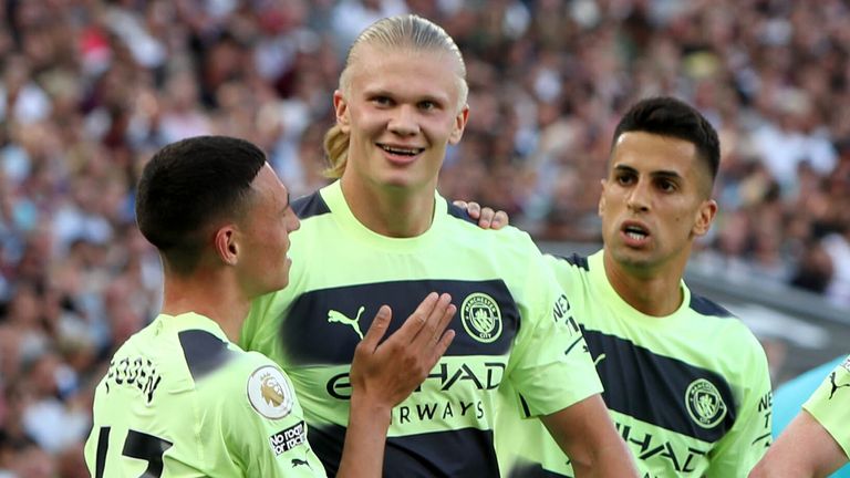 Erling Haaland celebrates scoring for Man City vs West Ham