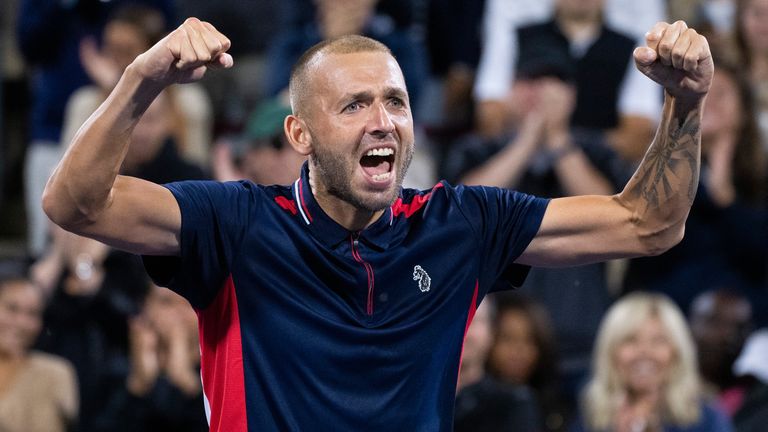 Daniel Evans, of Britain, celebrates his win over Tommy Paul, of the United States, during the National Bank Open tennis tournament Friday, Aug. 12, 2022, in Montreal. 