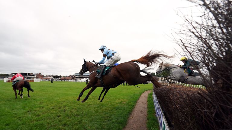Fat Sam and James Davies (near side) clear a fence on their way to winning at Warwick