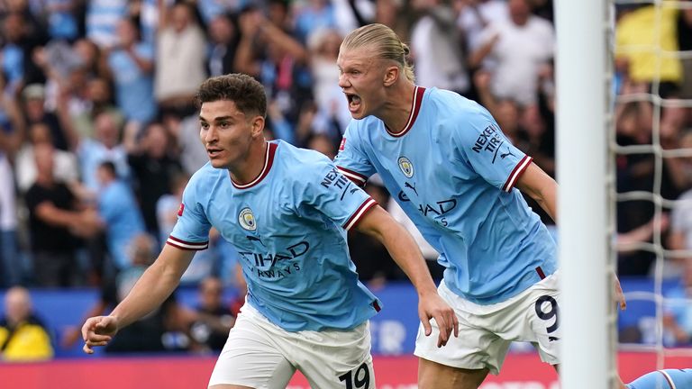Manchester City's Julian Alvarez celebrates scoring their side's first goal of the game with team-mate Erling Haaland during the FA Community Shield match at the King Power Stadium, Leicester. Picture date: Saturday July 30, 2022.
Read less