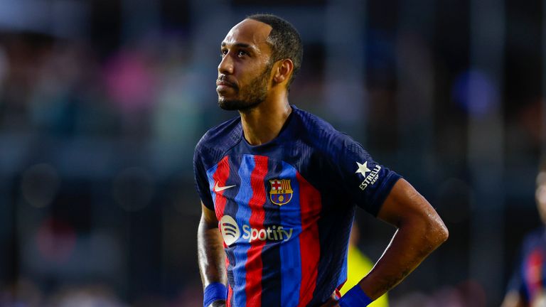 FORT LAUDERDALE, FL - JULY 19: FC Barcelona forward Pierre-Emerick Aubameyang (17) during the preseason friendly between FC Barcelona and Inter Miami CF on July 19, 2022 at DRV PNK Stadium in Fort Lauderdale, Fl. (Photo by David Rosenblum/Icon Sportswire) (Icon Sportswire via AP Images)