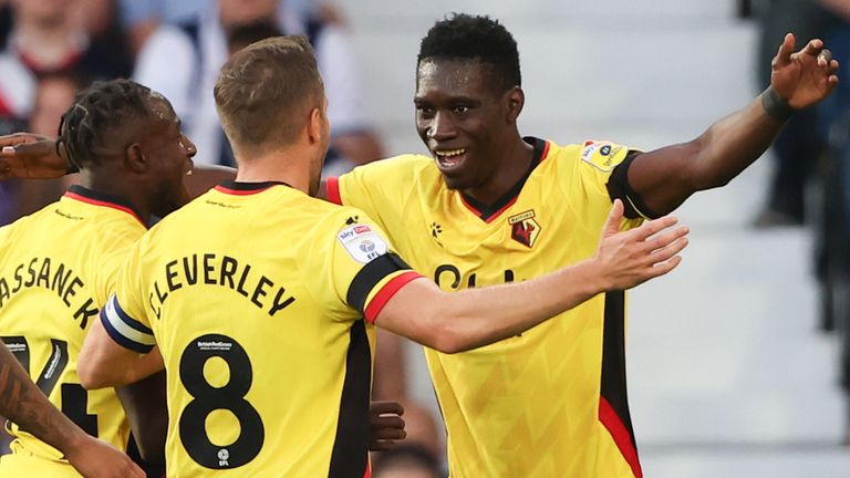 Ismaïla Sarr of Watford celebrates after scoring a goal to make it 0-1 during the Sky Bet Championship between West Bromwich Albion and Watford at The Hawthorns on August 8, 2022 in West Bromwich, United Kingdom. 