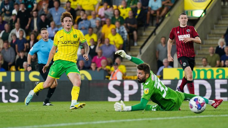 Norwich City's Josh Sargent scores their side's second goal of the game during the Sky Bet Championship match at Carrow Road, Norwich.