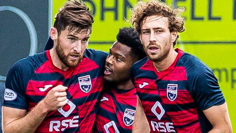 DINGWALL, SCOTLAND - AUGUST 20: Ross County's Jack Baldwin, Owura Edwards and David Cancola celebrate as they make it 1-0 (L-R) during a cinch Premiership match between Ross County and Kilmarnock at the Global Energy Stadium, on August 20, 2022, in Dingwall, Scotland. (Photo by Roddy Scott / SNS Group)