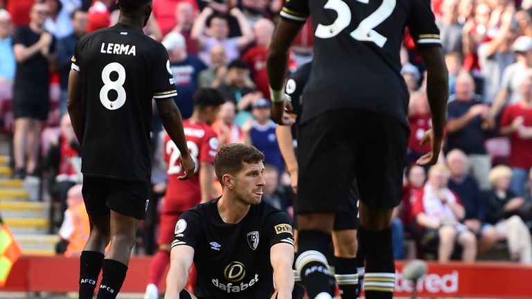 Chris Mepham scores the sixth goal in action to his owen goal during the Premier League match between Liverpool FC and AFC Bournemouth at Anfield on August 27, 2022 in Liverpool, England.