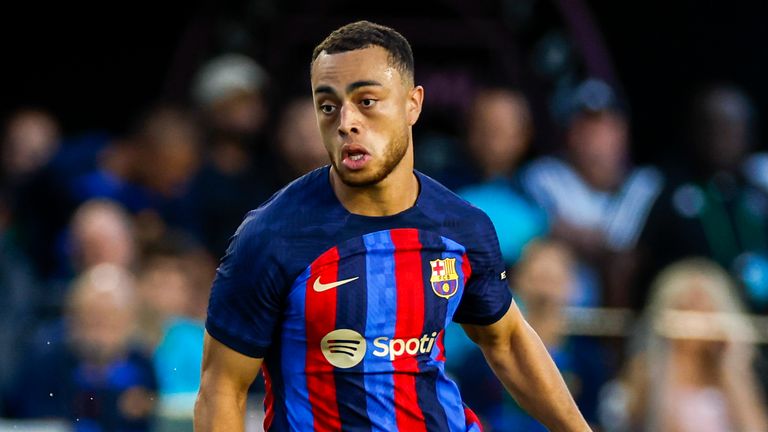 FORT LAUDERDALE, FL - JULY 19: FC Barcelona defender Sergino Dest (2) dribbles during the preseason friendly between FC Barcelona and Inter Miami CF on July 19, 2022 at DRV PNK Stadium in Fort Lauderdale, Fl.