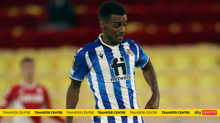 Real Sociedad's Alexander Isak kicks the ball to score a goal past Monaco's Guillermo Maripan during the Europa League Group B soccer match between Monaco and Real Sociedad at the Stade Louis II in Monaco, Thursday, Nov. 25, 2021.