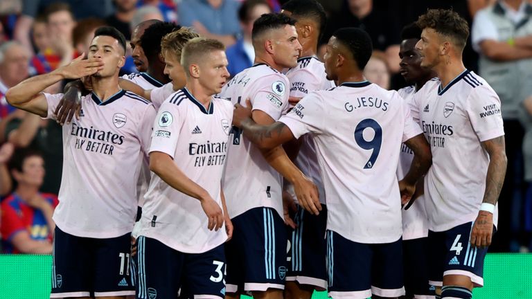 Arsenal's Gabriel Martinelli celebrates with team-mates after scoring his against Crystal Palace