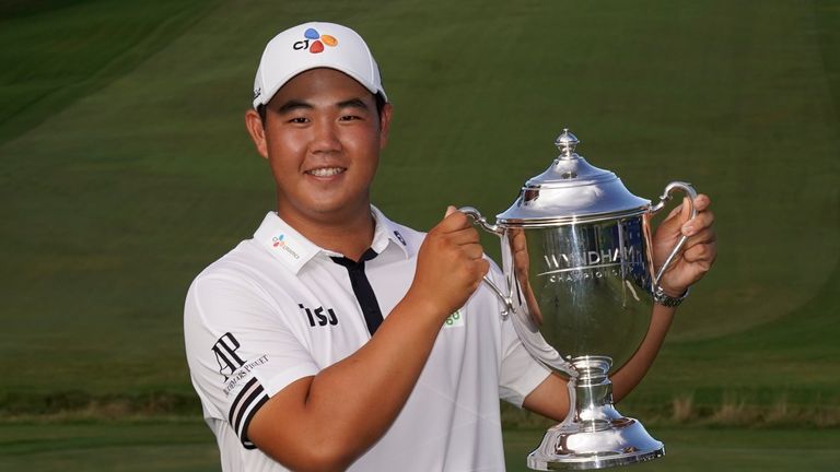Kim Joo-hyung won for the first time on the PGA Tour at the Wyndham Championship, triumphing by five strokes.