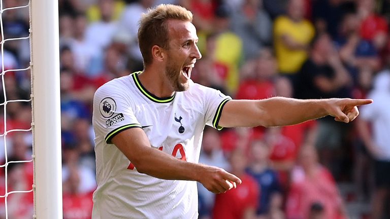 Harry Kane celebrates after putting Spurs 2-0 up at Nottingham Forest