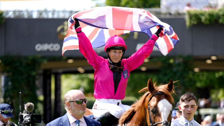 Hayley Turner celebrates her ninth Shergar Cup success with Manaccan