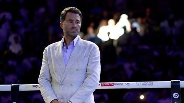 Boxing promoter Eddie Hearn in the ring prior to the World Heavyweight Championship WBA Super IBF, IBO and WBO fight between Oleksandr Usyk and Anthony Joshua at the King Abdullah Sport City Stadium in Jeddah, Saudi Arabia. Picture date: Saturday August 20, 2022.

