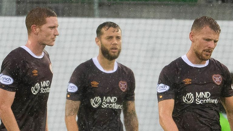 ST. GALLEN, SWITZERLAND - AUGUST 18: Hearts Kye Rowles, Jorge Grant and Stephen Kingsley look dejected during a UEFA Europa League play off match between FC Zurich and Heart of Midlothian at Kybunpark, on August 18, 2022, in St. Gallen, Switzerland. (Photo by Mark Scates / SNS Group)