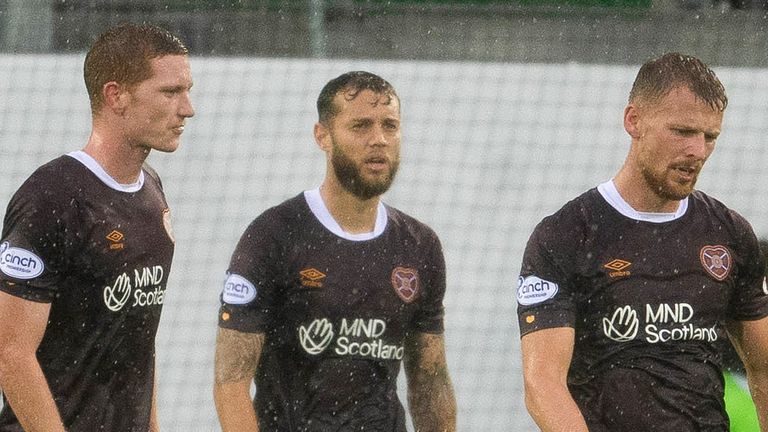 ST.  GALLEN, Switzerland - AUGUST 18: Hearts Kye Rowles, Jorge Grant and Stephen Kingsley look depressed during the UEFA Europa League playoff match between FC Zurich and Heart of Midlothian at Kybunpark, on August 18, 2022, in St.  Gallen, Switzerland.  (Photo by Mark Scates / SNS Group)