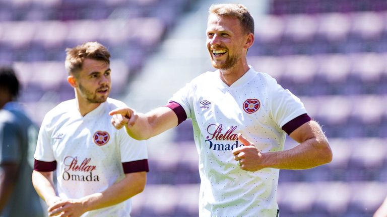 EDINBURGH, SCOTLAND - JULY 16: Stephen Kingsley celebrates his second goal putting Hearts 2-0 up during a pre-season friendly match between Hearts and Crawley Town at Tynecastle, on July 16, 2022, in Edinburgh, Scotland. (Photo by Roddy Scott / SNS Group)