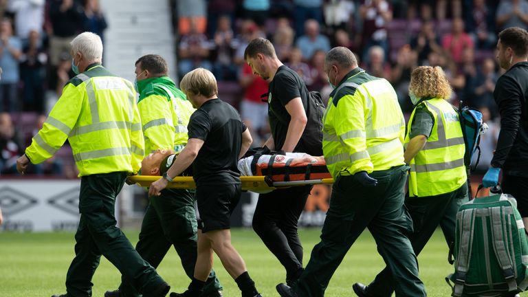 EDINBURGH, SCOTLAND - AUGUST 28: Hearts' Liam Boyce is stretchered off during a cinch Premiership match between Heart of Midlothian and St Johnstone, on August 28, 2022, in Edinburgh, Scotland. (Photo by Ross Parker / SNS Group)