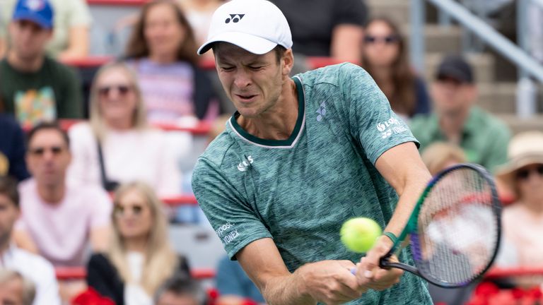 Hubert Hurkacz of Poland plays against Nick Kyrgios of Australia in the quarterfinals of the National Bank Open Tennis Tournament on Friday, August 12, 2022, in Montreal.  (Paul Chiasson / Canadian Press via AP)