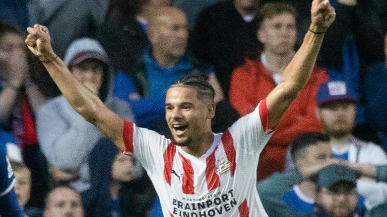 PSV's Ibrahim Sangare celebrates making it 1-0 during a UEFA Champions League Play-Off Round match between Rangers and PSV Eindhoven at Ibrox 